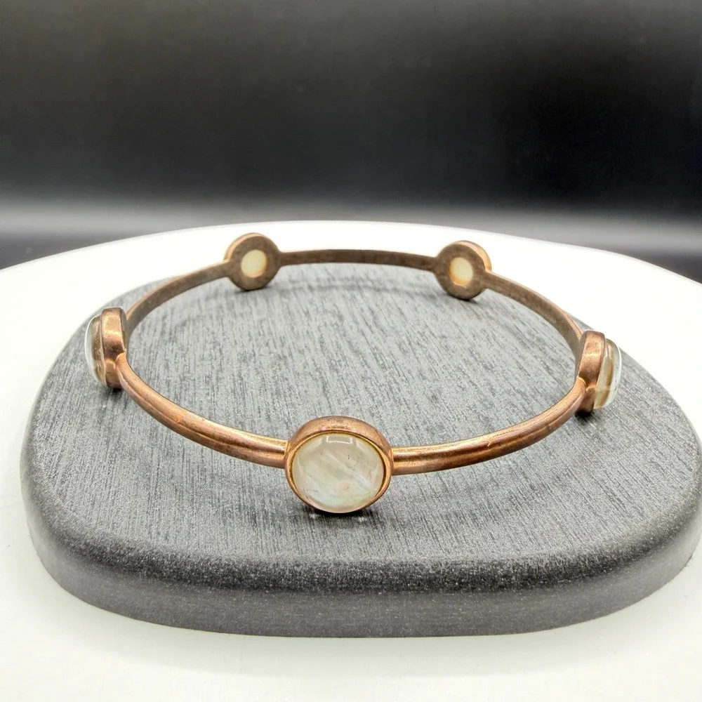 Pearlescent Shell Cabochon Copper Tone Bangle Bracelet Boho Statement Jewelry